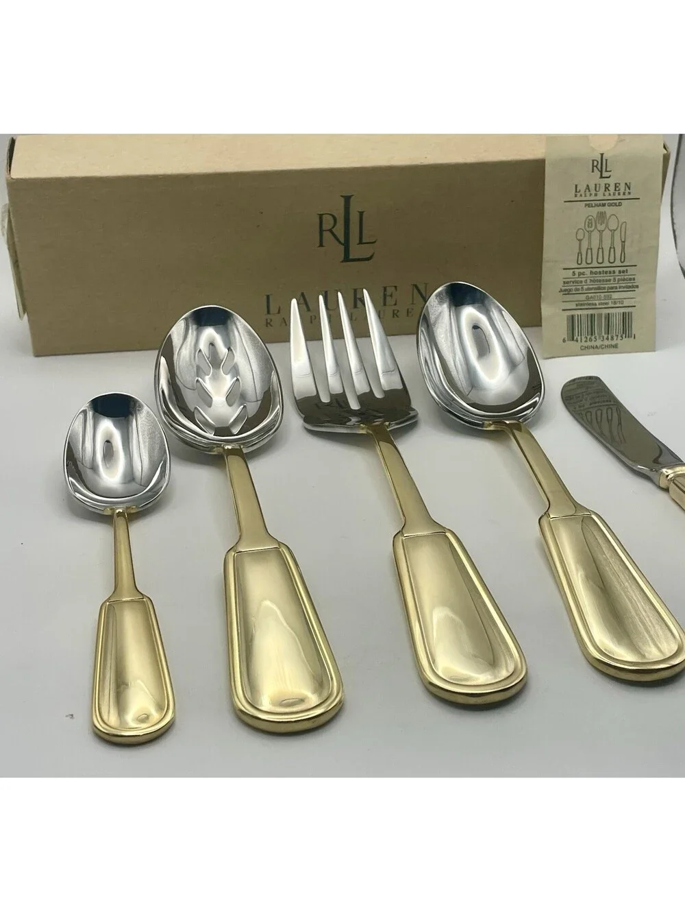 (1) Ralph Lauren PELHAM GOLD 5 Pc Hostess Set 18/10 Stainless China